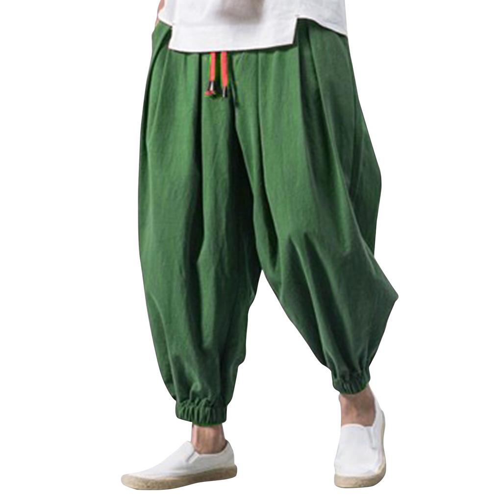 Men's Japanese Cotton Linen Cropped Pants Loose Wide-Legged Pants Plus Size Casual Pants