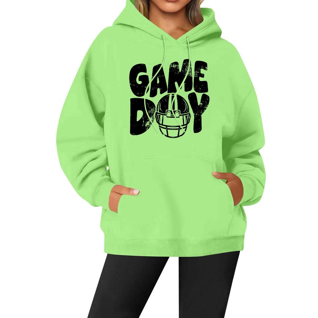 Women's Casual Fashion Solid Color Rugby Print Long Sleeve Hooded Sweatshirt Top