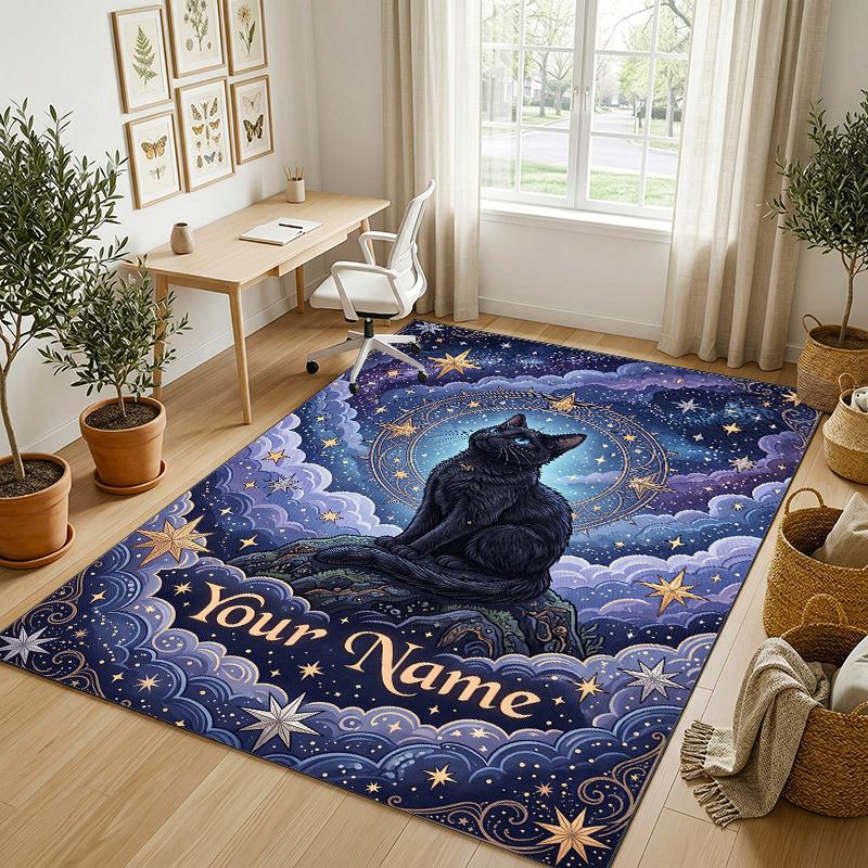 Starry Night Cat Dreamscape Theme Soft Crystal Velvet Rug Custom Name & Text Print Non Slip Floor Rug for Bedroom Living Room