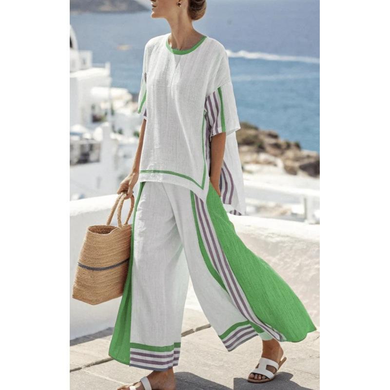 Printed short-sleeved shirt trousers set Comfortable casual loose round neck top High waist trousers two-piece set