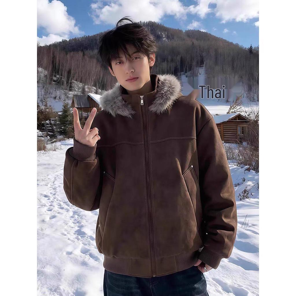 Мужская рабочая куртка в стиле ретро, цвет кофе, с потертостями, из хлопка с текстурой под кожу личи, с длинным меховым воротником и капюшоном, тяжелое зимнее пальто.