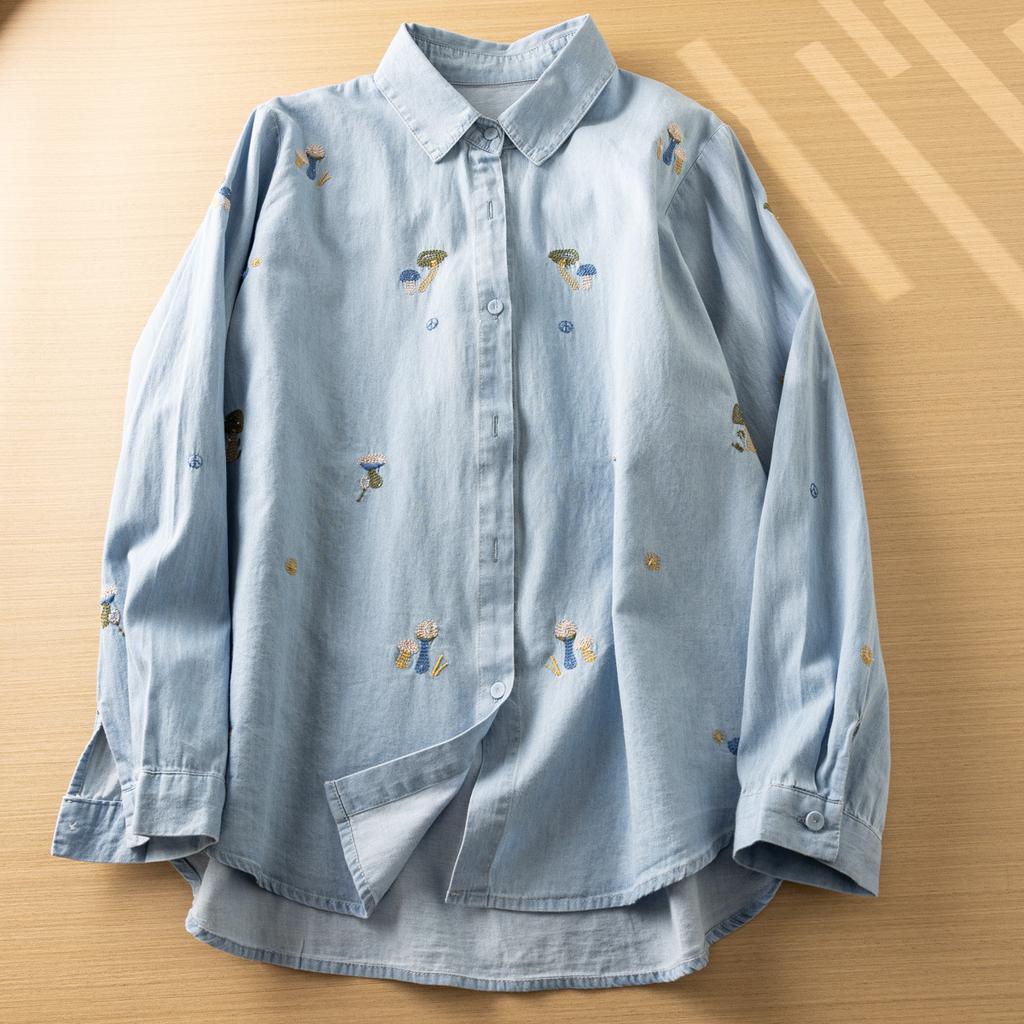 Вышитые рубашки с длинным рукавом из выстиранного денима с лацканами для женщин, весна-осень, новая японская художественная милая однобортная рубашка с вышивкой