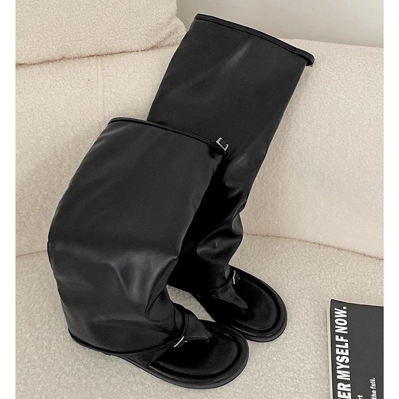 Fashion Bla Flat Bot Long Boots Women's Sle 2025 New Summer Outdoor Wear with Skirts Toe Clip Cool Boots Casual High Tube