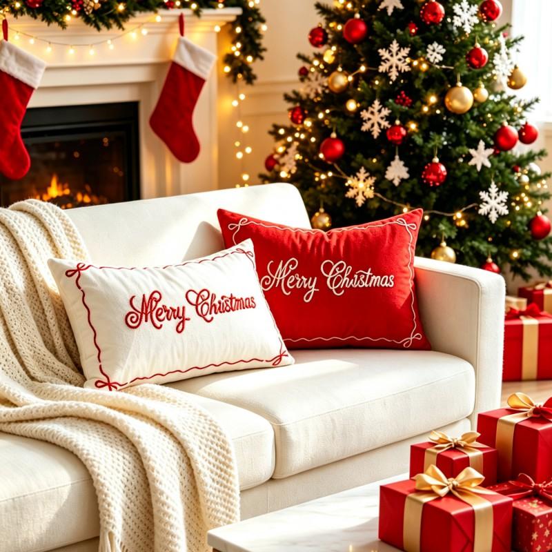 Christmas Embroidered Pillow Cover Red White Solid Color Bow Decorative Throw Case Living Room Sofa