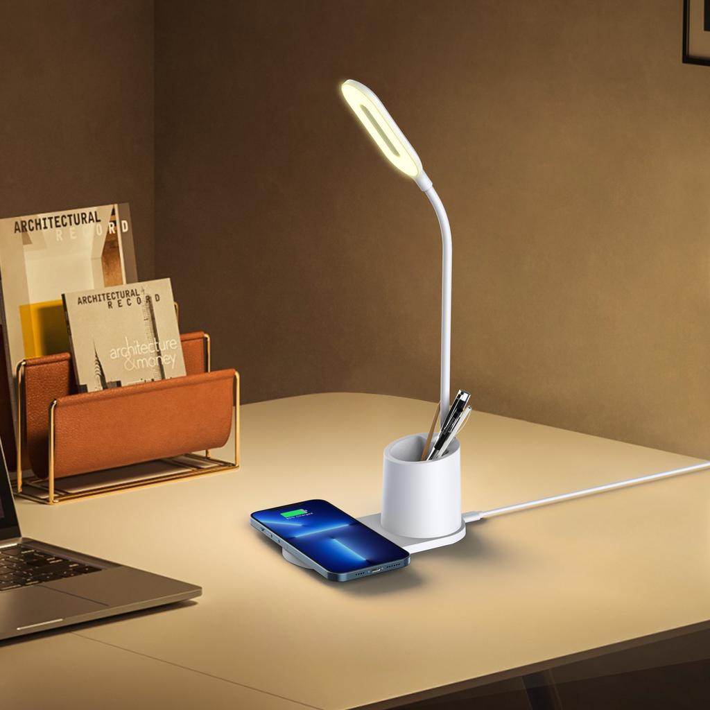3-in-1 Pen Holder Desk Lamp with 15W Wireless Fast Charging, QC2.0 Protocol, TYPE-C Power, 360° Flexible Pole & 3-Color Stepless Dimming