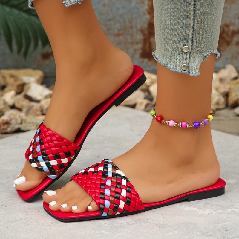 Мода 2025Женские тапочки Дизайнерские тапочки с квадратным носком Летние шлепанцы с открытым носком Пляжные шлепанцы Модные плетеные вручную тапочки для женщин Слайды