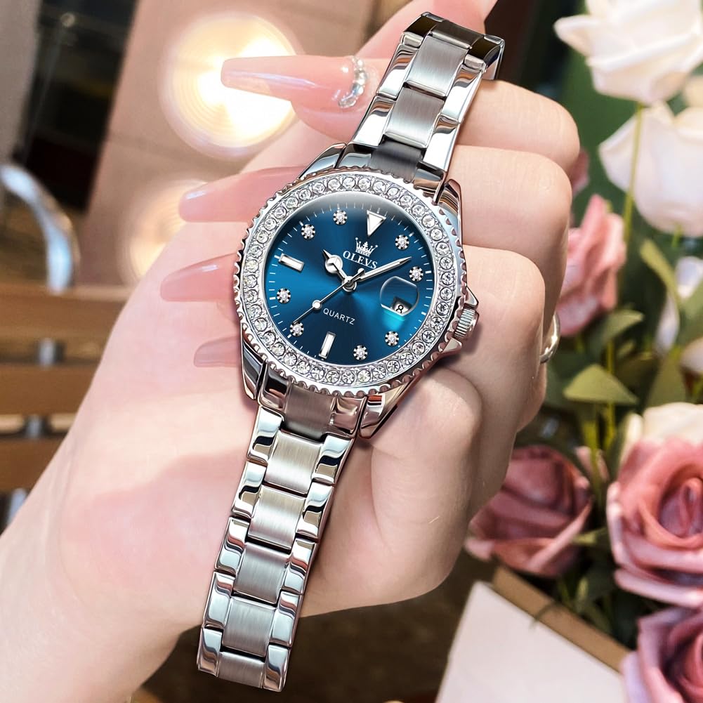 OLEVS Нержавеющая Японская Алмазная Легкая 30M Water часы для синих женских часов, сталь, кварц, циферблат, светящийся, см, устойчивый, популярный, симпатичный,