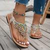 Fashion Bohemian String Bead Flat Sandals Women 2025 Summer Crystal Decor Clip Toe Beach Sandles Woman Plus Size Non Slip Sandalias 43