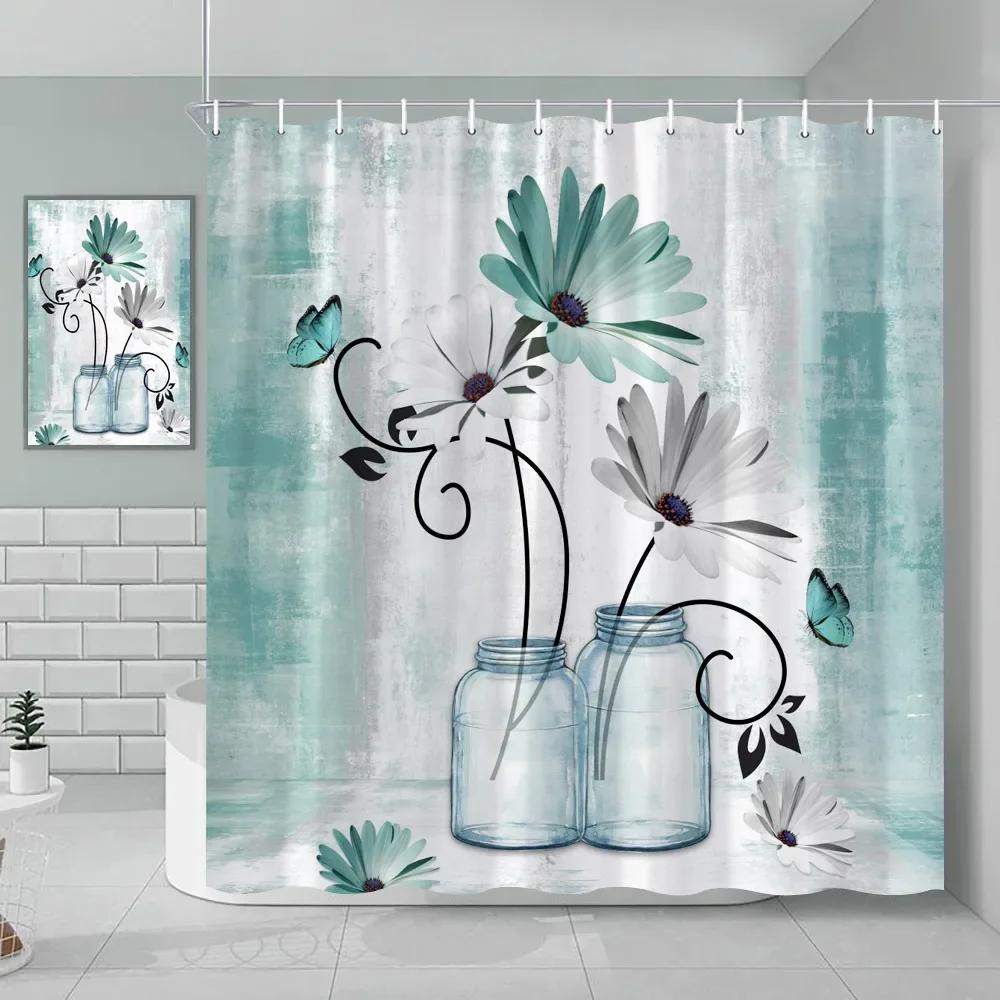 Watercolor Floral Shower Curtain Wooden Butterfly Daisy Rustic Blue Flower Farmhouse Wooden Vintage Farm Bathroom Decoration