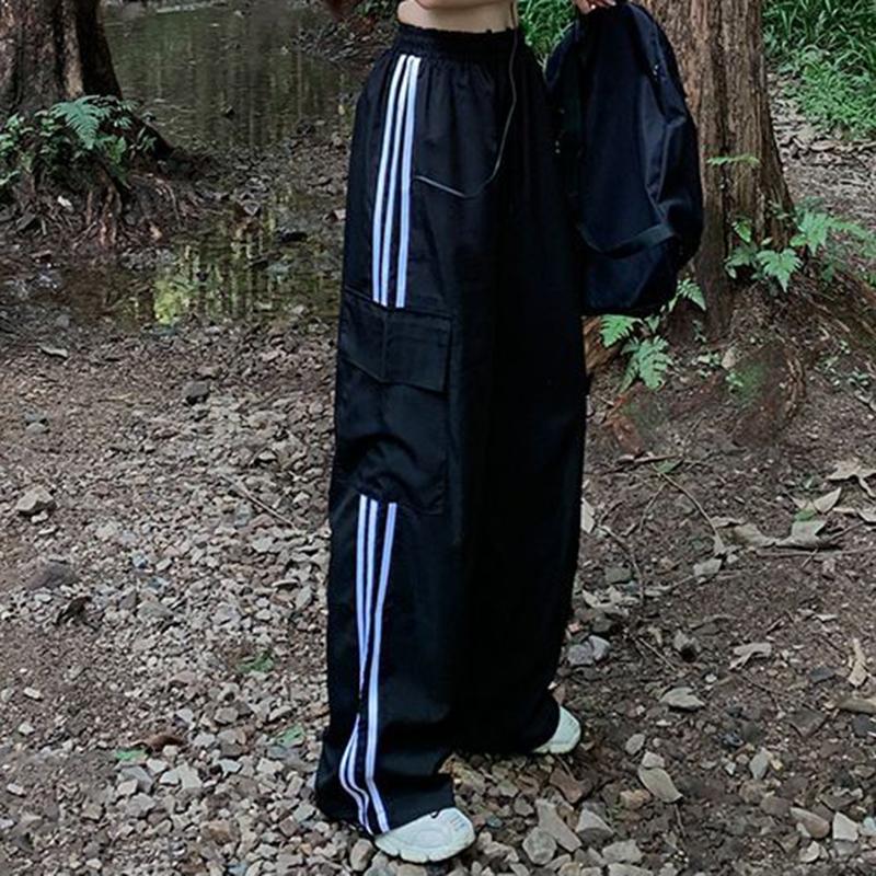 Женские брюки-карго в полоску в стиле пэчворк, уличная одежда в американском стиле, свободные широкие брюки Y2K, женские спортивные штаны в стиле хип-хоп