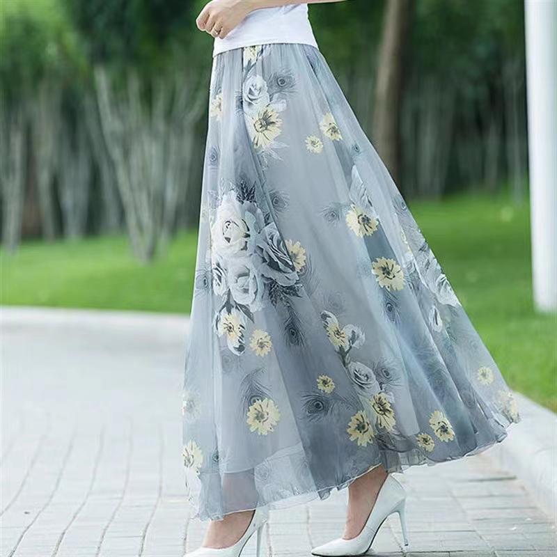 WTEMPO Эластичные большие распашные юбки с высокой талией, женские весенне-летние длинные длинные юбки трапециевидной формы с цветочным принтом, шифоновые юбки для танцев для мамы