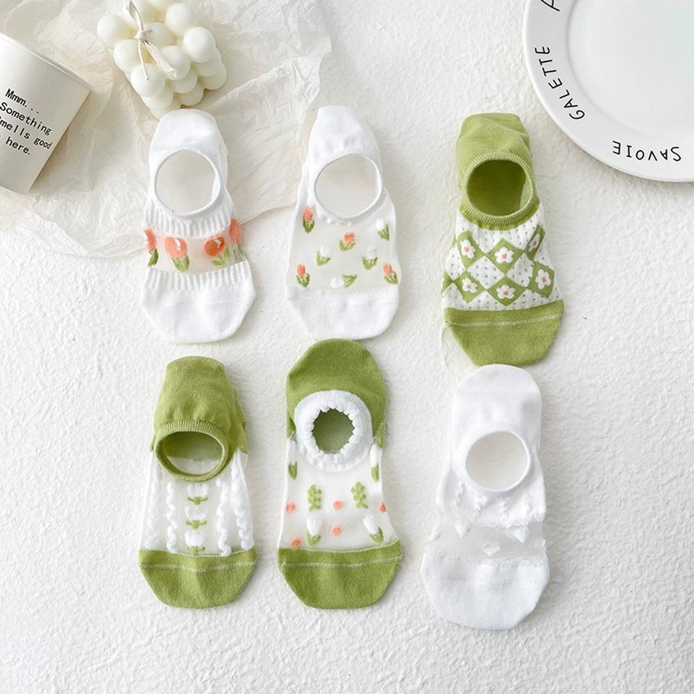 6 Pairs Women's Floral Mesh No-Show Socks Y2K Kawaii Lace Trim Breathable Ankle Socks With Harajuku Style Green Cute Boat Socks