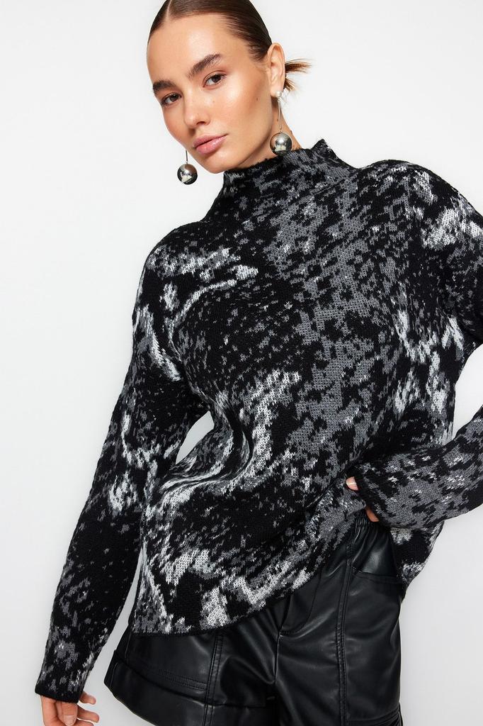 Женский модный стильный свитер с леопардовым рисунком и высоким воротником, трикотажный свитер