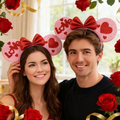 Повязка на голову на День святого Валентина, блестящая, красная, розовая, с сердечками, повязка для волос, блестящая, милая, ушки, аксессуары для волос на День святого Валентина, день рождения, свадьбу, вечеринку, костюм