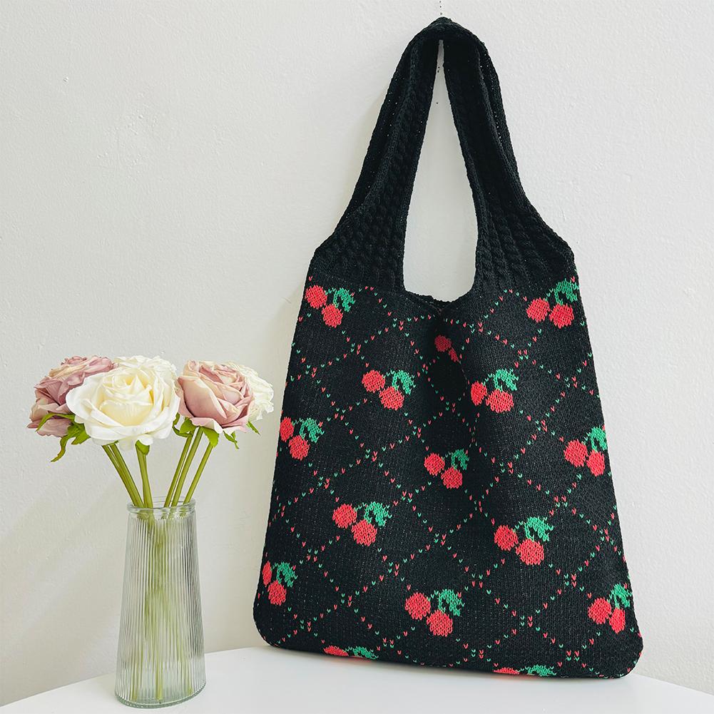 Модная вязаная сумка через плечо с вишнями для женщин, плетенная из рафии, бохо-сумка, большая дорожная сумка для покупок, повседневная сумка-тоут, связанная крючком