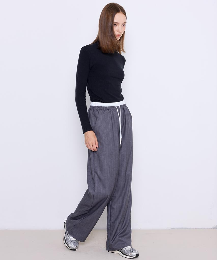 MANAVIS7 Striped Elastic Pants [Ash]