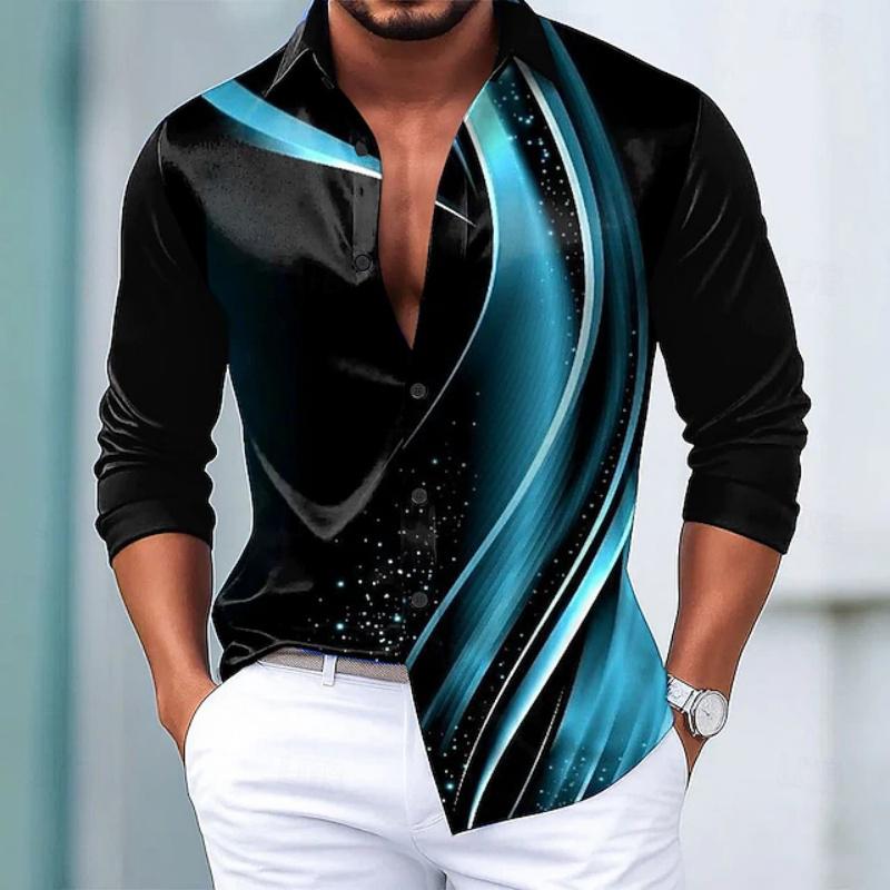 Men's Lapel Button Long Sleeved Shirt with Striped Print Loose Fit Suitable for Daily Parties, Gatherings, Casual Men's Top