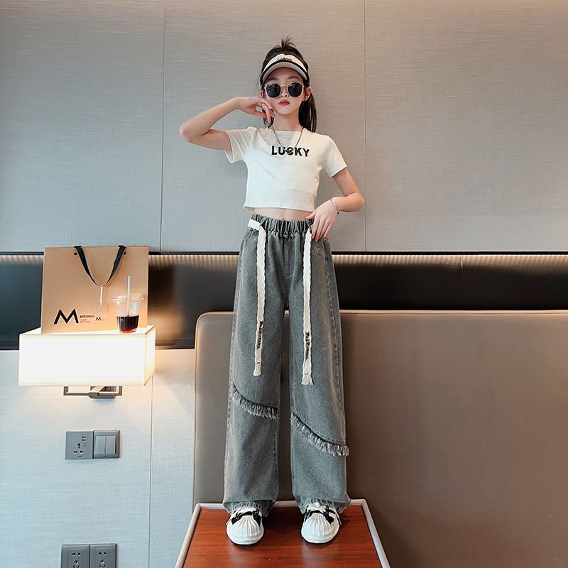 Девочки Джинсы широкие весна и осень Девочки Свободные Интернет Красные Ретро Синие Прямая труба Детские брюки