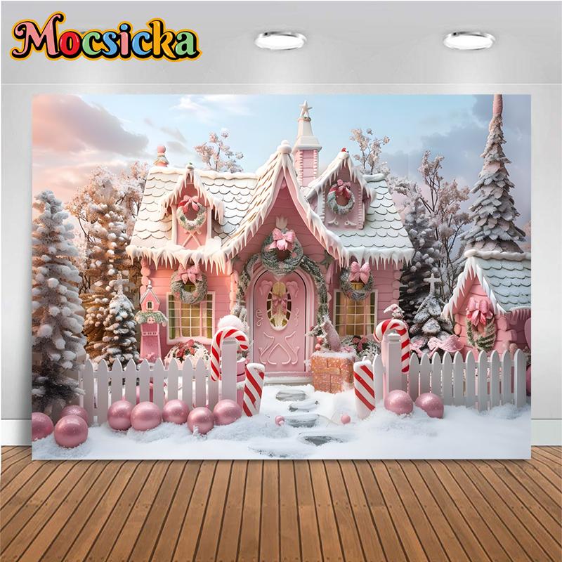 Mocsicka Christmas Photography Background Pink House Xmas Tree Snow Decoration Family Children Baby Photo Backdrop Studio Banner