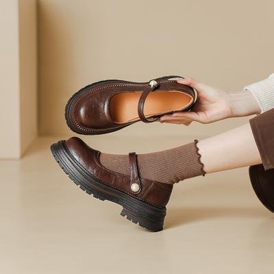 Ретро британские туфли с мелким носком, женские кожаные туфли с круглым носком и пряжкой в виде одного слова, универсальные японские туфли Мэри Джейн