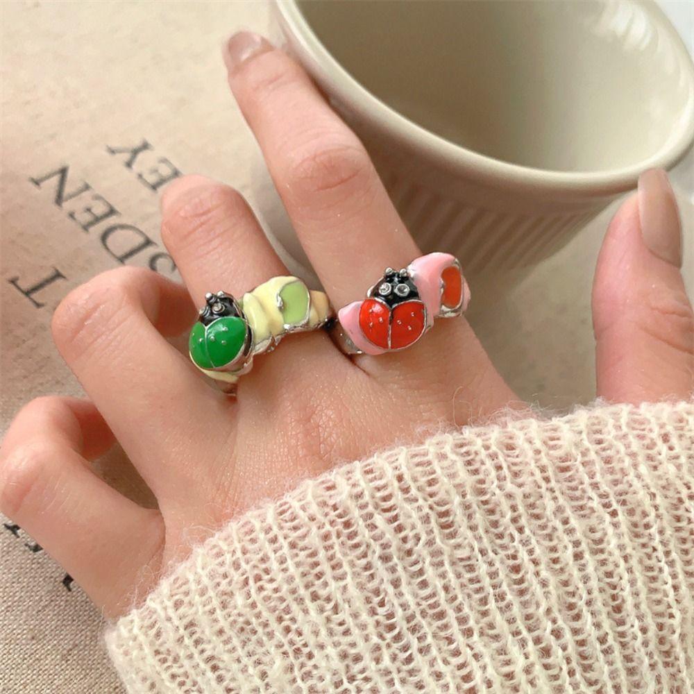 Chinese Style Insect Drip Oil Ring Geometric Enamel Flower Ring Personality Painting Ring  Friend