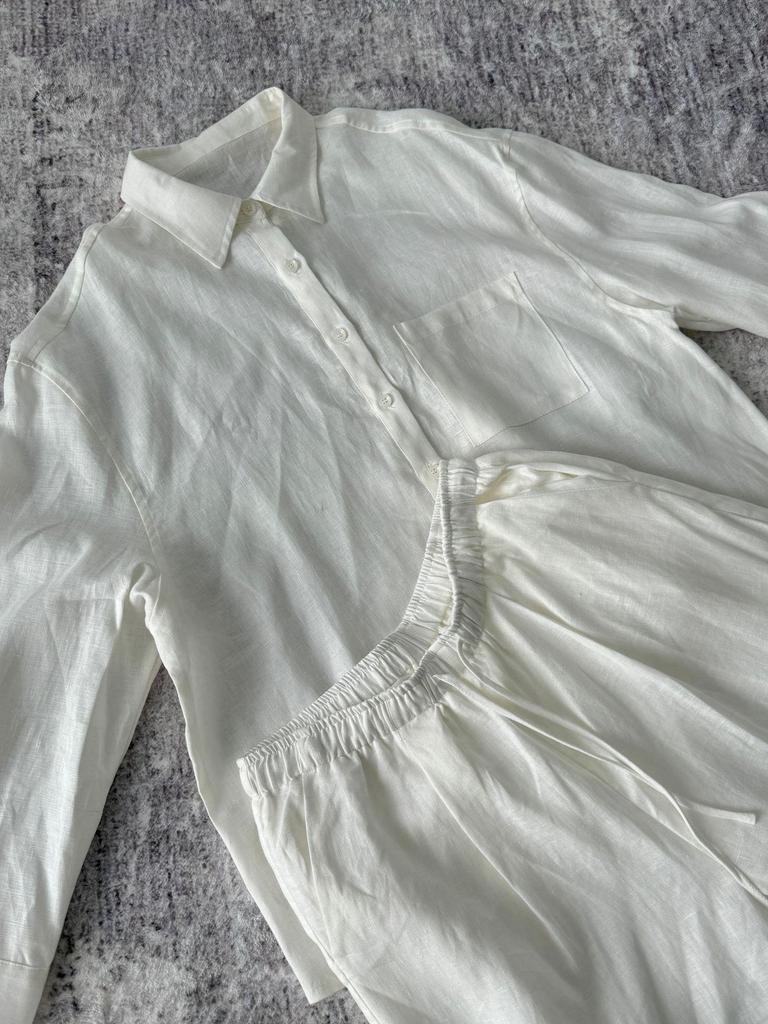 2024 Комплект из льняной рубашки с подсветкой и плиссированных брюк из хлопка и льна на завязках для женщин