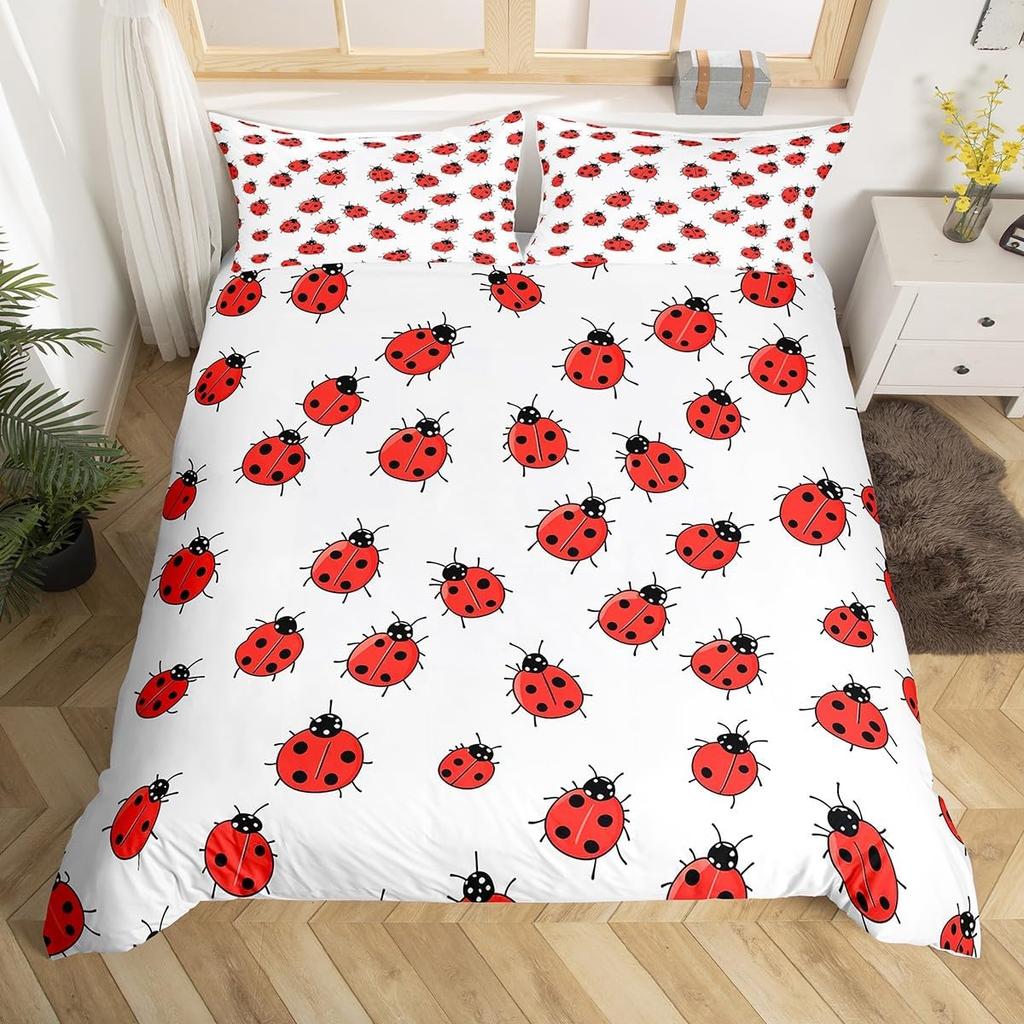 Cute Ladybug Duvet Cover Twin Queen Cartoon Animal Ladybird Insect Bedding Set Kawaii Wildlife Love Heart Print Comforter Cover