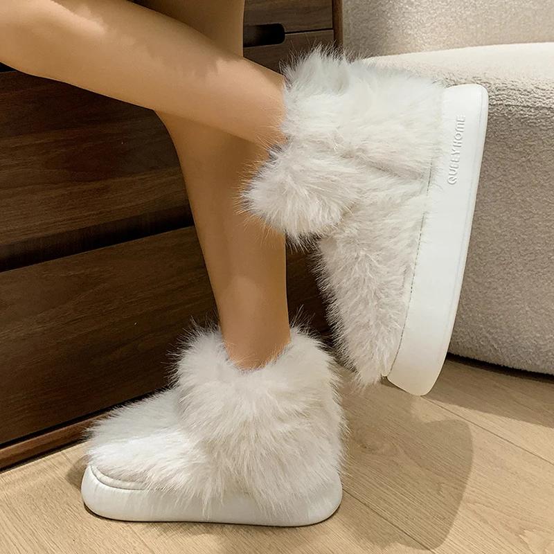 Модные белые толстые плюшевые сноубутсы женские на платформе пушистые из искусственного меха зимние ботинки женские удобные слипоны теплые хлопковые ботинки с подкладкой