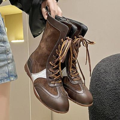 Модные 4,5 см Новейшие Ретро Рыцарские Короткие Ботинки Женские На Толстой Подошве Весенне-Осенние На Шнуровке Вестерн Ботинки Нишевые Низкий Каблук Женские Ботинки