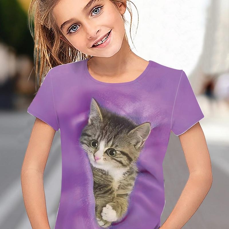Детская одежда Футболка для девочек с коротким рукавом 3D принт с изображением мультяшного кота Детская летняя одежда Модная милая одежда для девочек Топы из полиэстера