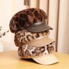 Plush Leopard Print Beret Leather Patchwork Artist Hat Vintage Octagonal Cap  For Women