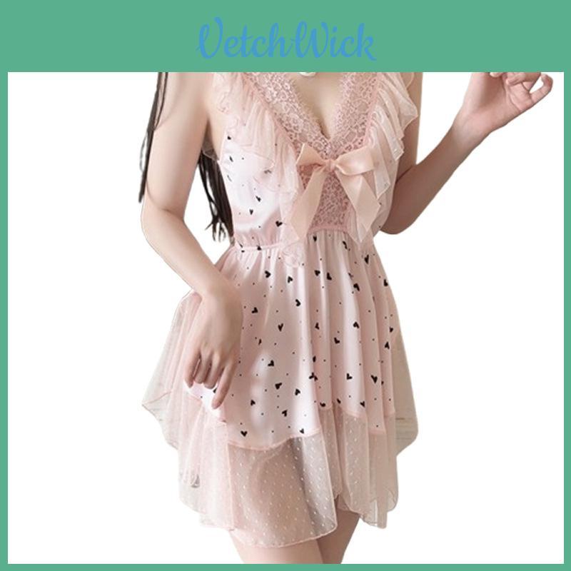 Youth Female Satin Nightdress With Polka Dot Mesh For Home And Hotel