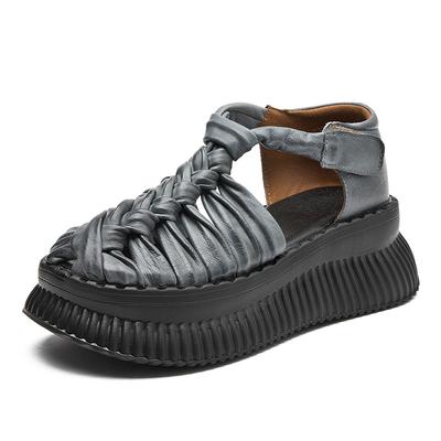 Мода 5,5 см Коровья Натуральная Кожа Балетки Ажурные Мэри Джейн Платформа Танкетка Ботильоны Сандалии Крючок Туфли Лодочки Женские Ботинки Летняя Обувь