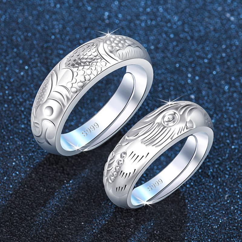 2PCS 925 Sterling Silver Ring Adjustable Open Couple Engagement Rings for Women Men Wedding Ring Party Fashion Jewelry Gift