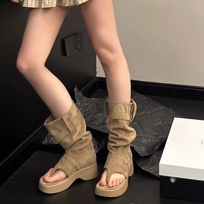 Ботинки женские лето 2025 высококлассные с открытым носком крутые ботинки женские ботфорты на толстой подошве с увеличением роста западные ковбойские короткие ботинки