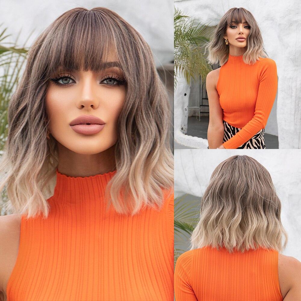 LOUIS FERRE Ombre Blonde Короткий Боб Синтетические парики Блондинка средней длины Прямой парик для женщин Пушистые ежедневные высокотемпературные волосы