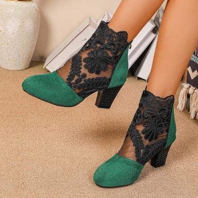 Модные кружевные и сетчатые ботильоны на каблуке с охлаждением, женские больших размеров, модные, с круглым носком, панельные, на молнии сзади, на блочном каблуке, римские сандалии