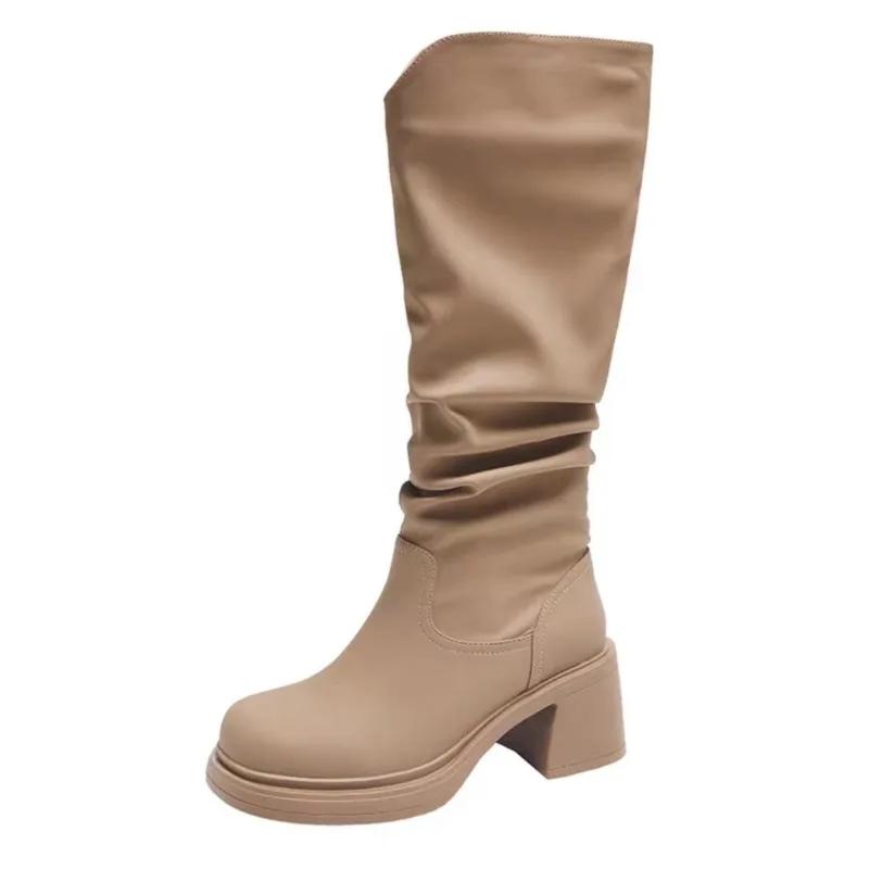Мода Новая Мода Современные Сапоги Женские Туфли на Толстом Высоком Каблуке Черный/Хаки Круглый Носок Натуральная Кожа Плиссированные Сапоги до Колена Слипоны Сапоги Рыцаря