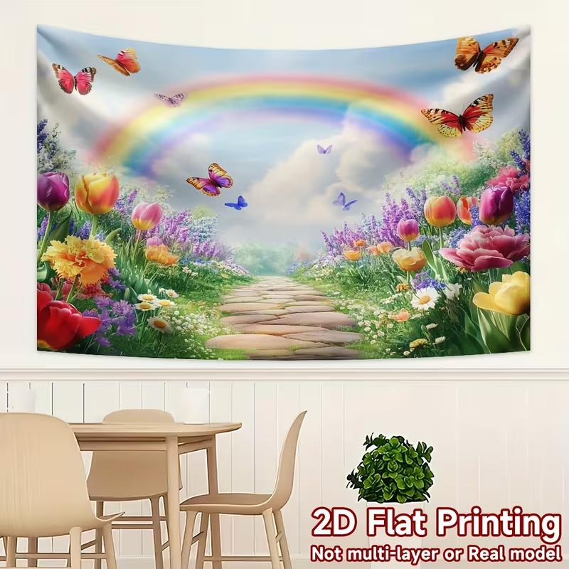 2D Spring Rainbow Backdrop, Colorful Garden with Tulips & Butterflies Background for Outdoor Themed Events
