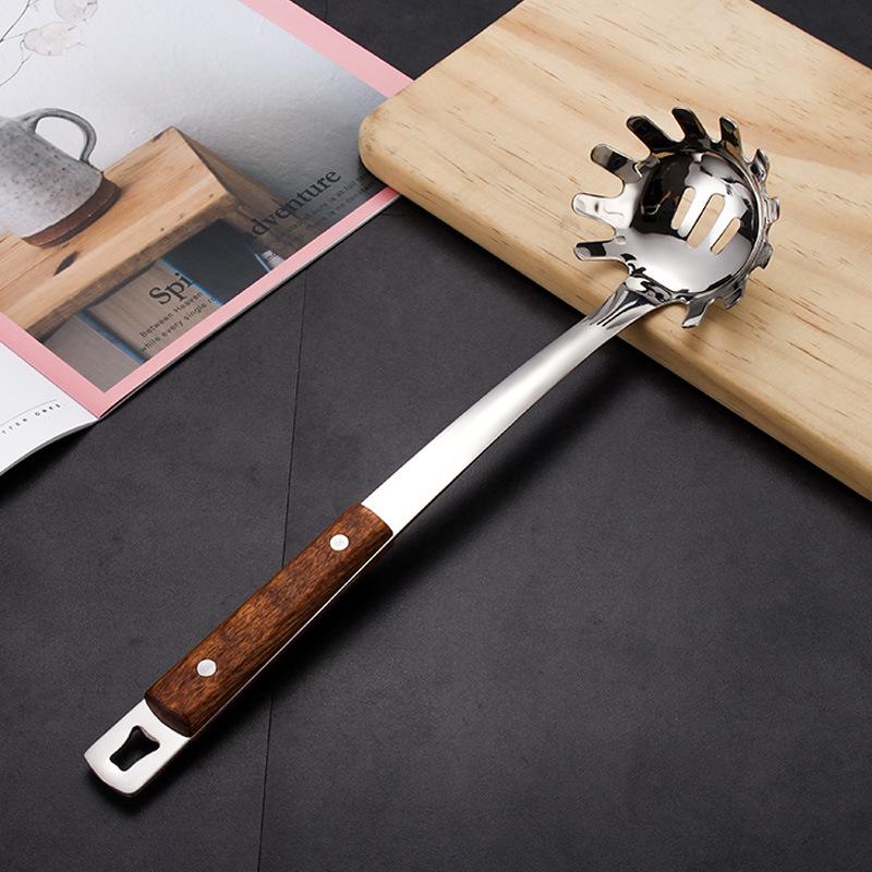 Набор кухонной утвари из нержавеющей стали с ручками из палисандра: Лопатка с длинной ручкой, Лопатка для жарки, Утолщенный половник для супа, Шумовка и Поварская ложка.