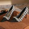 Fashion Fashion Pearls Decoration High Heels Shoes Women Plaid Thin Heels Party Pumps for Woman Spring Autumn Pointed Toe Pumps Female