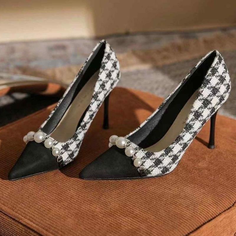 Fashion Fashion Pearls Decoration High Heels Shoes Women Plaid Thin Heels Party Pumps for Woman Spring Autumn Pointed Toe Pumps Female