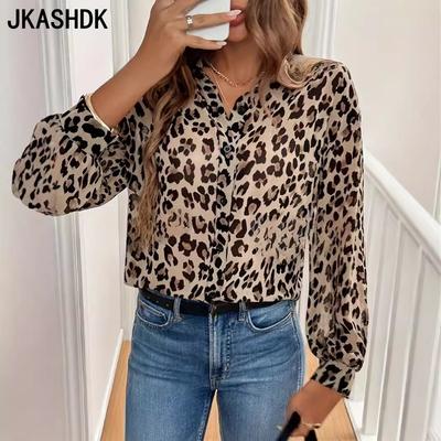 Женские модные повседневные весенне-осенние блузки и рубашки с v-образным вырезом и длинными рукавами с леопардовым принтом