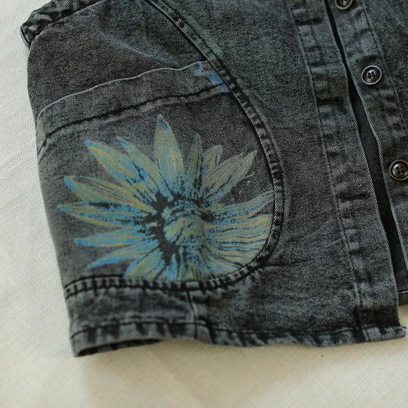 Ladies Spring and Summer Short Printed Denim Vest Loose Sleeveless Thin Jacket