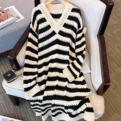 Полосатое трикотажное платье-свитер с V-образным вырезом, женское весенне-осеннее, свободного кроя, большого размера, элегантное, повседневное, средней длины