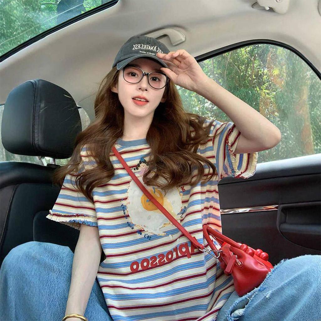 Spring and summer anti-aging shoulder top with a niche design, 2026 new color striped short sleeved t-shirt for women