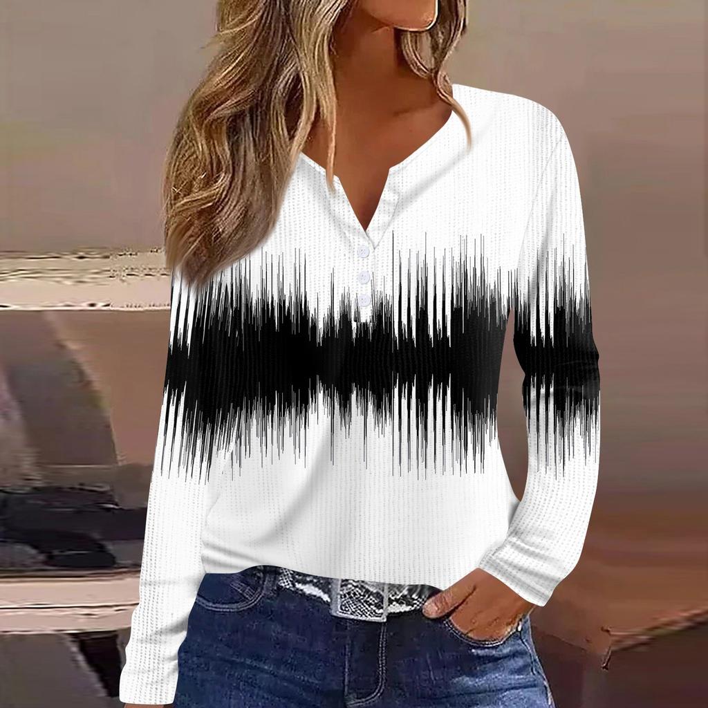 Женская футболка с принтом на пуговицах, длинный рукав, вязаный свитер, повседневный, модный, на выходные, базовый, с V-образным вырезом, обычный топ