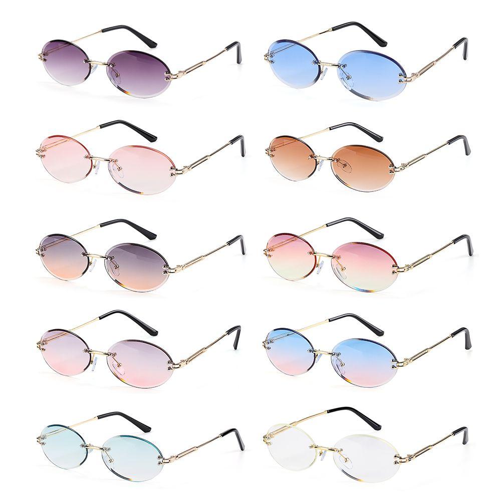 Frameless Rimless Tinted Eyewear Vintage Sunglasses Oval Sunglasses Diamond Cutting Lens Shades