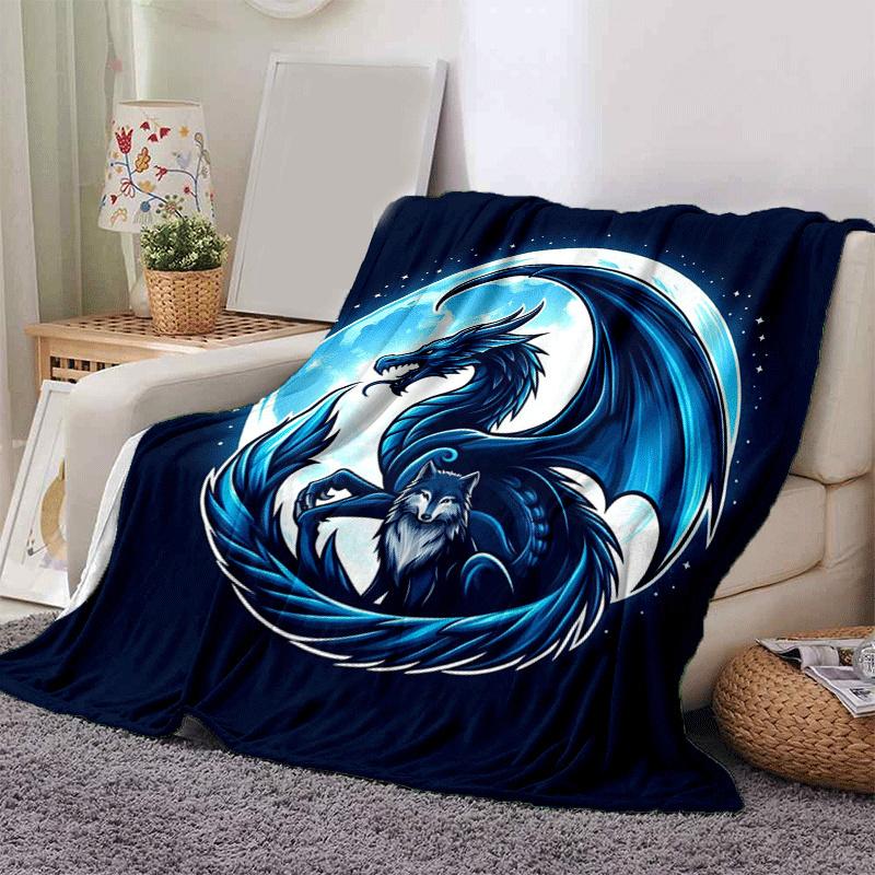 1pc Dragon Wolf Printing Lightweight Flannel Blanket, Comfortable and Warm Blanket, for Camping Sofa Bed and Couch Office, in All Seasons