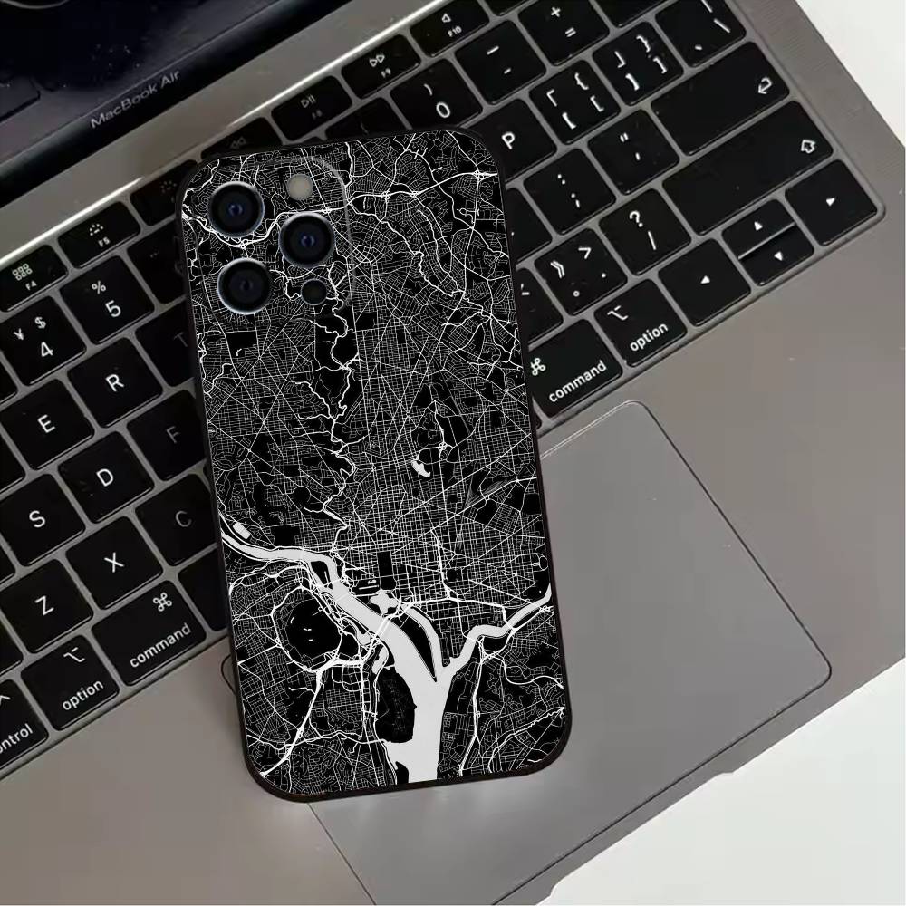 Famous City Sketch City Map Phone Case For iPhone 17,16,15,14,13,12,11 Plus,Pro Max,XS,Soft Silicone Black Cover